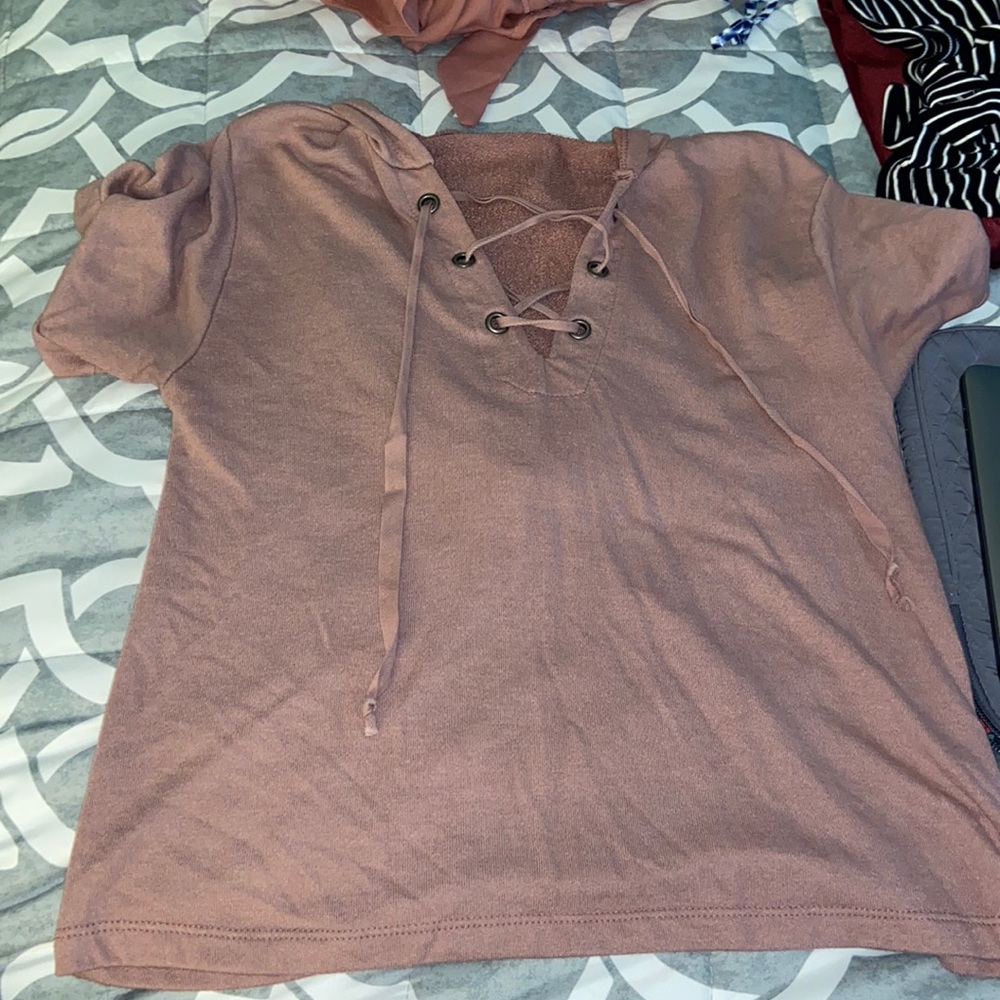 Sweatshirt top with crossover and hood